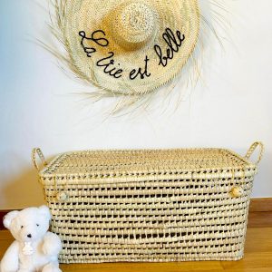 PANIÈRE DE RANGEMENT À LINGE BERBÈRE EN PALMIER ET LAINE NOIRE 60CM MODÈLE ESSAOUIRA