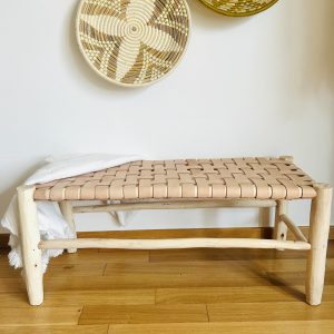 BANC EN CUIR MARRON CLAIR ET BOIS NATUREL 100CM MODÈLE BZOU