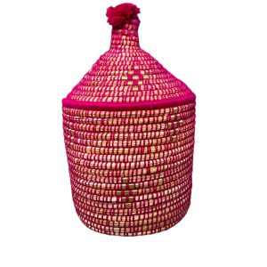 PANIER DE RANGEMENT BERBÈRE EN PALMIER ET LAINE 20CM ROSE MODÈLE ESSAOUIRA