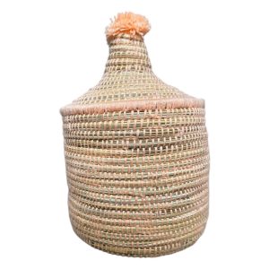 PANIER DE RANGEMENT BERBÈRE EN PALMIER ET LAINE 20CM SAUMON MODÈLE ESSAOUIRA