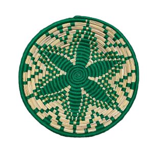 PLATEAU BERBÈRE ROND MAROCAIN EN LAINE VERT ET FEUILLES DE PALMIER MODÈLE TAZA