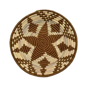 PLATEAU BERBÈRE ROND MAROCAIN EN LAINE MARRON ET FEUILLES DE PALMIER MODÈLE TAZA