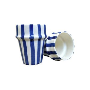 TASSE BLANCHE RAYÉ BLEU H10 FAIT MAIN (LOT DE 2)