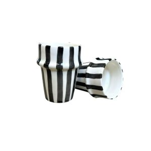 TASSE BLANCHE RAYÉ NOIR H10 FAIT MAIN (LOT DE 2)