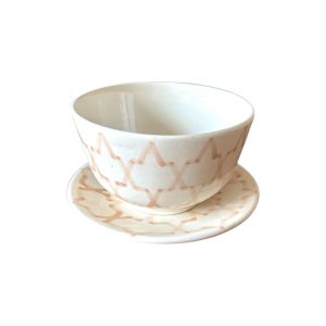 BOL ROND ET SOUS ASSIETTE BLANC À MOTIFS BEIGE (LOT DE 6)