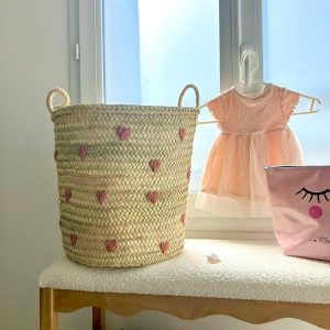 PANIER DE RANGEMENT ROND EN DOUM CŒUR ROSE
