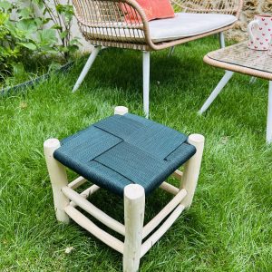 TABOURET EN FIL VERT BOUTEILLE ET BOIS NATUREL 30x30CM
