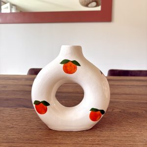 VASE EN TERRE CUITE BLANC DESSIN ORANGE