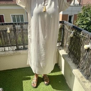 ROBE 100% LIN BLANCHE RAYÉ DORÉ